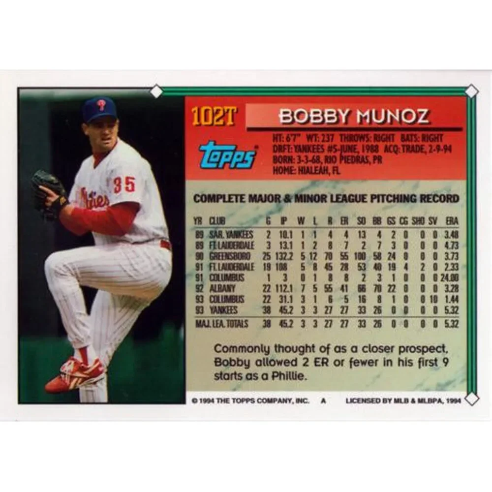 1994 Topps Traded Bobby Munoz 102T Philadelphia Phillies